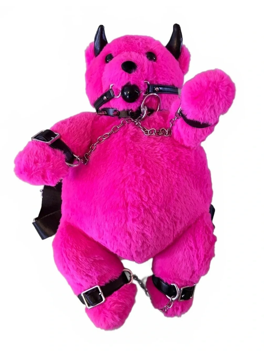 Hot Pink Plush Devil Bear Backpack with Black Straps and Chains